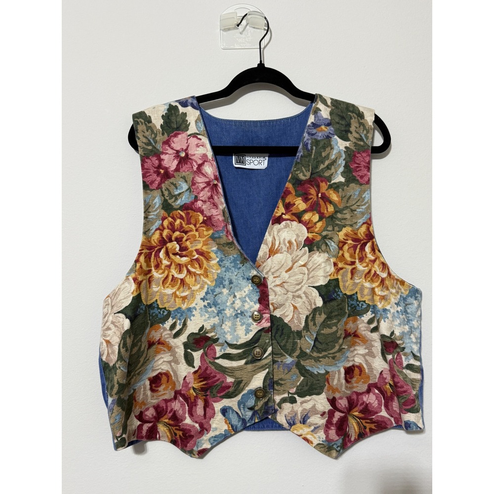 Vintage Floral Tapestry Vest Blue Denim Back Button Front Boho Cottagecore Women - Picture 14 of 14